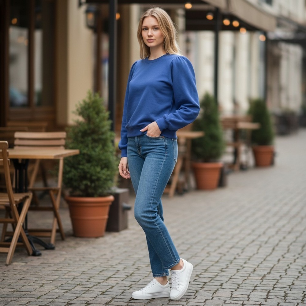 Sundry Blue Puff Sleeve Sweatshirt Size 2 Medium Modal Blend Crew Neck USA Made